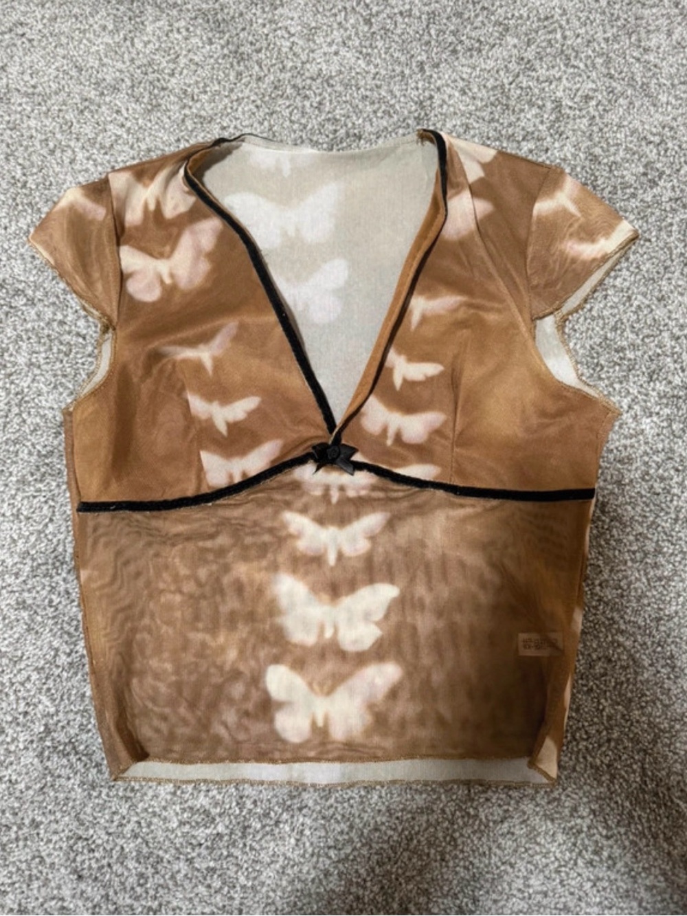 Sheer Brown Butterfly Mesh Crop Top with Contrast Trim
